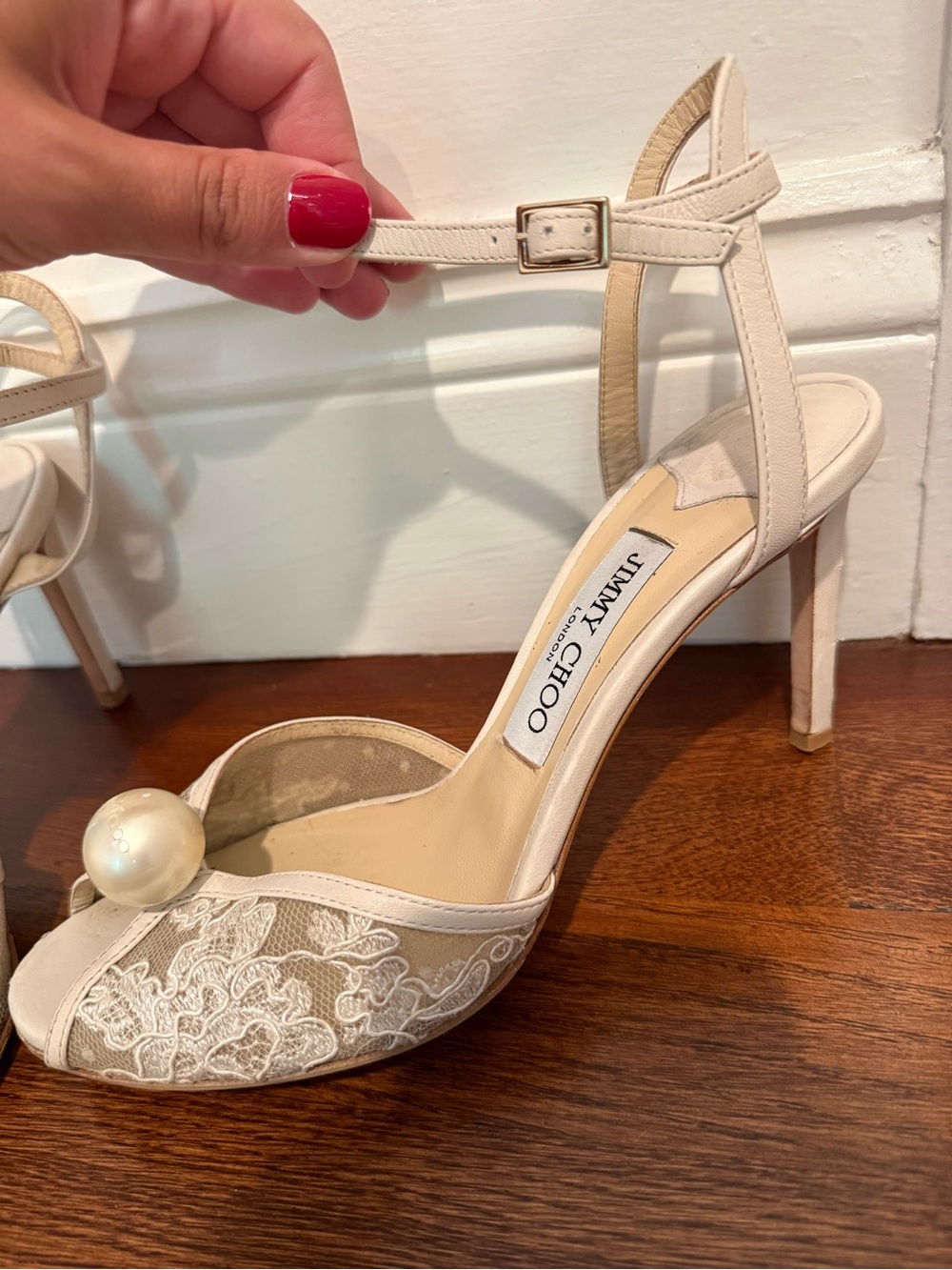 Jimmy Choo Sacora 85 MM Ivory Lace Peep-Toe Ankle Strap Heels with Pearl - Picture 3 of 16